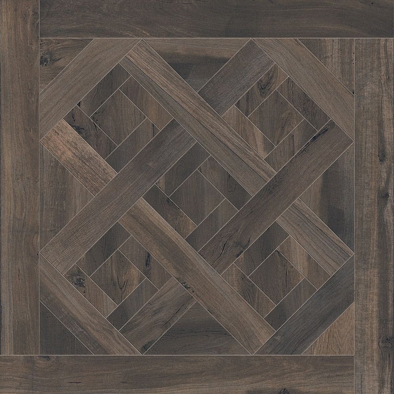 Dark wood-effect tile with an intricate, geometric parquet-style pattern in rich brown tones.