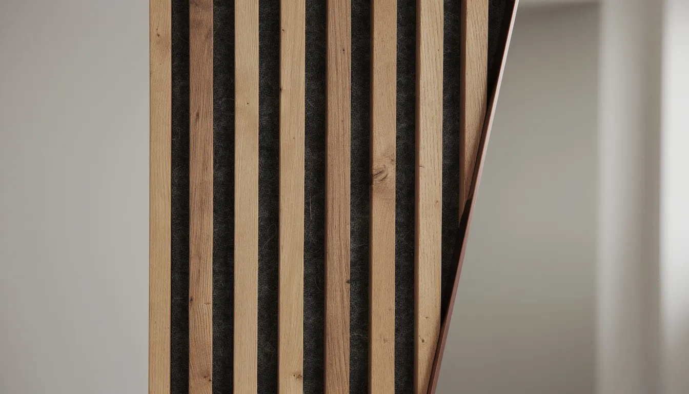 Close-up van een houten wandpaneel met spiegel met een viltachtergrond en een bronzen spiegelaccent, dat een stijlvolle uitstraling en luxe uitstraling aan de ruimte toevoegt. Dit paneel is een praktische oplossing voor het creëren van een uitnodigende sfeer in bijvoorbeeld een woonkamer of hal.