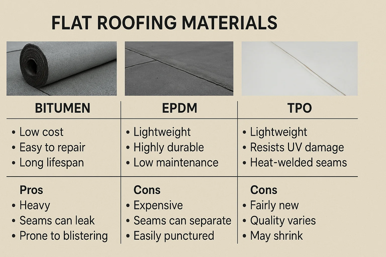 Comparison chart of bituminous membranes versus EPDM and TPO roofing systems.