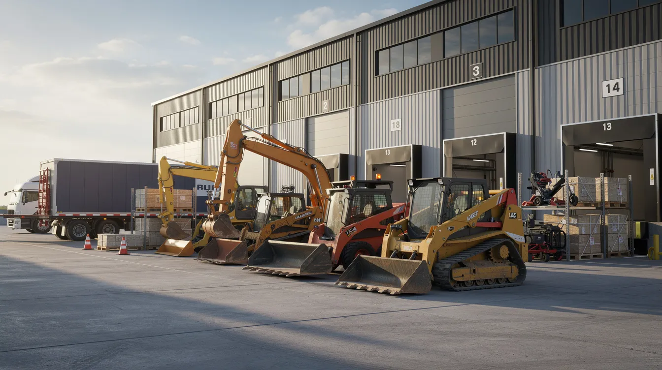 The image shows heavy mechanical equipment, such as cranes and excavators, staged at a warehouse loading dock, prepared for transport to a construction site. This setup is crucial for managing construction delays and ensuring timely delivery of resources to meet contractual obligations in construction projects.