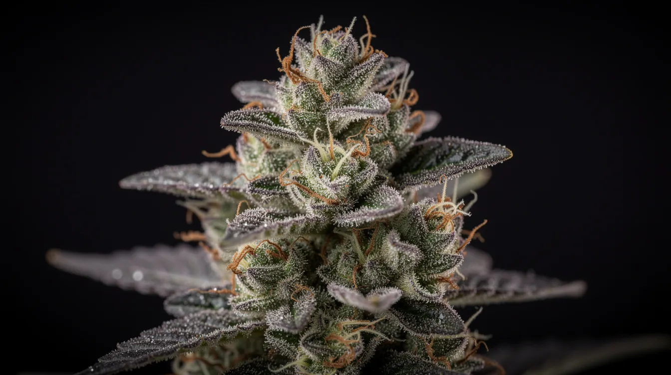 The image features a close-up of a cannabis flower bud, showcasing its frosty trichomes against a dark background, highlighting the plant's natural beauty. This visual representation connects to discussions about the legal status of THCA in Mississippi and the state's medical cannabis program.
