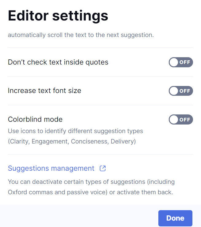 Screenshot of Grammarly's customizable editor settings.