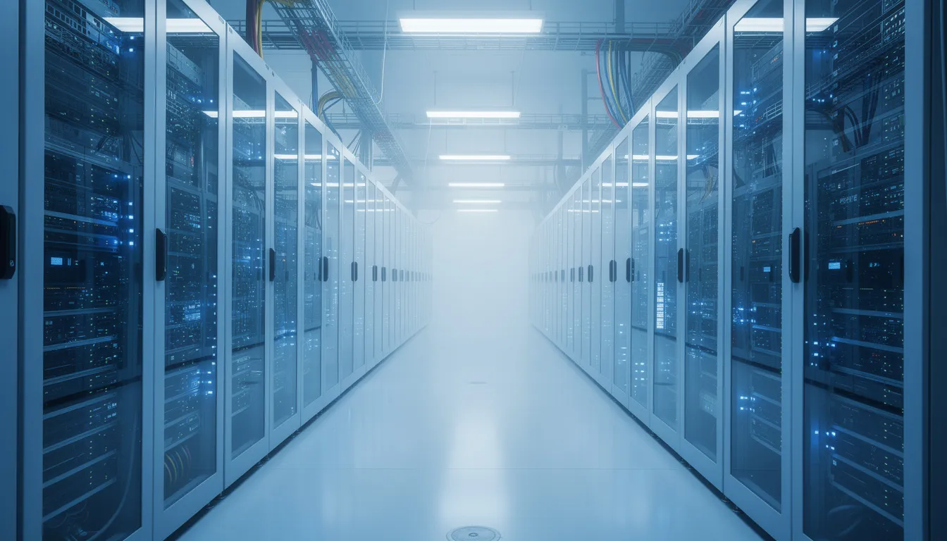 The image depicts a secure data center filled with rows of server racks illuminated by blue lighting, symbolizing the importance of protecting sensitive credit information. This environment is crucial for managing credit reports and ensuring secure credit inquiries, whether they are soft pulls or hard credit checks.