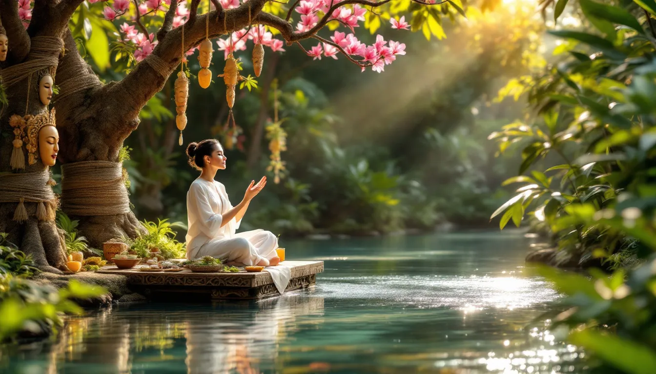 A Balinese healing ritual taking place, showcasing elements of spiritual cleansing.