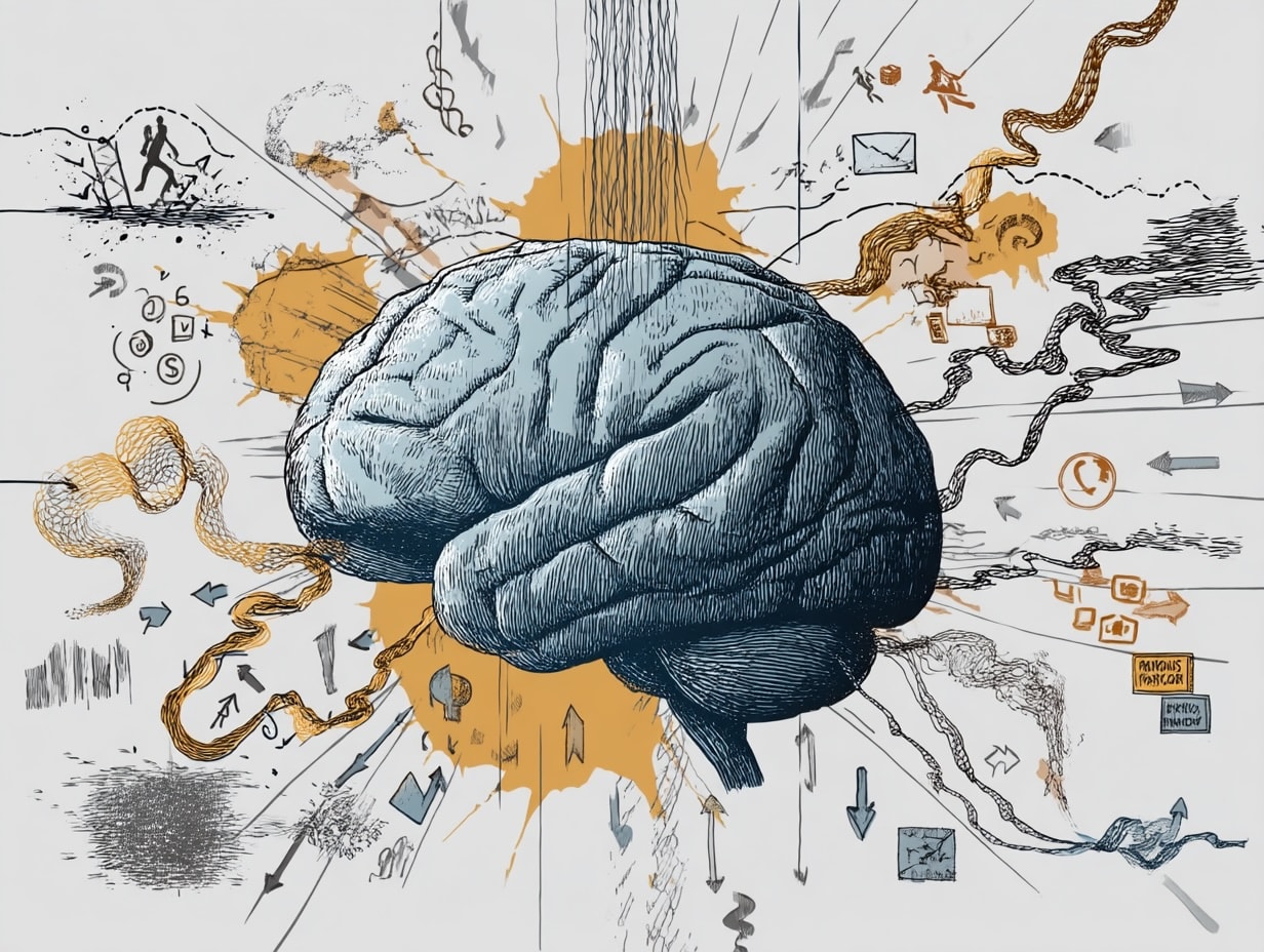A visual representation of the root causes of scarcity mentality, featuring a brain with various stress factors illustrated around it.