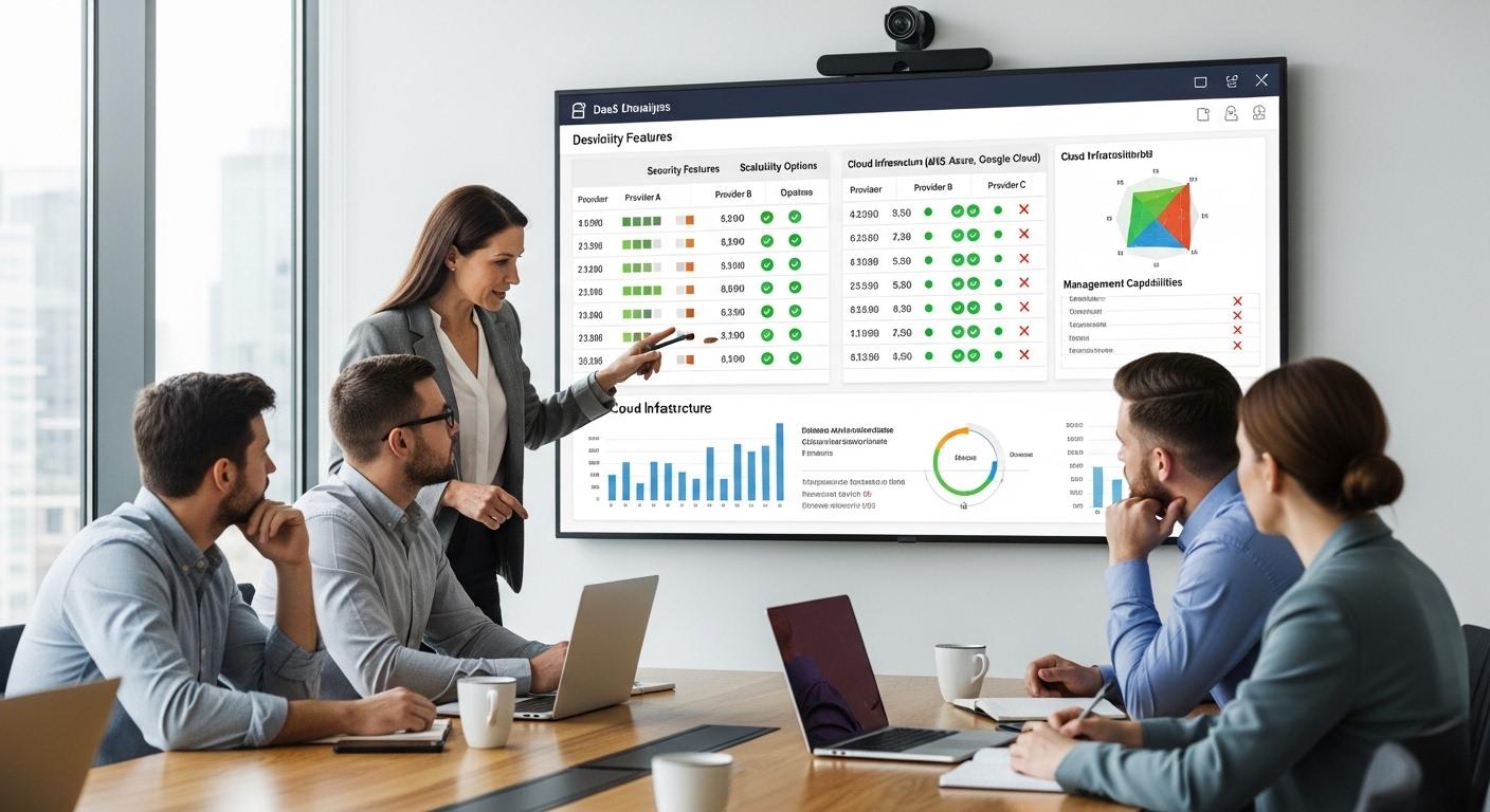 IT leaders evaluating multiple DaaS providers on a digital dashboard, comparing security, scalability, cloud infrastructure, and management capabilities.