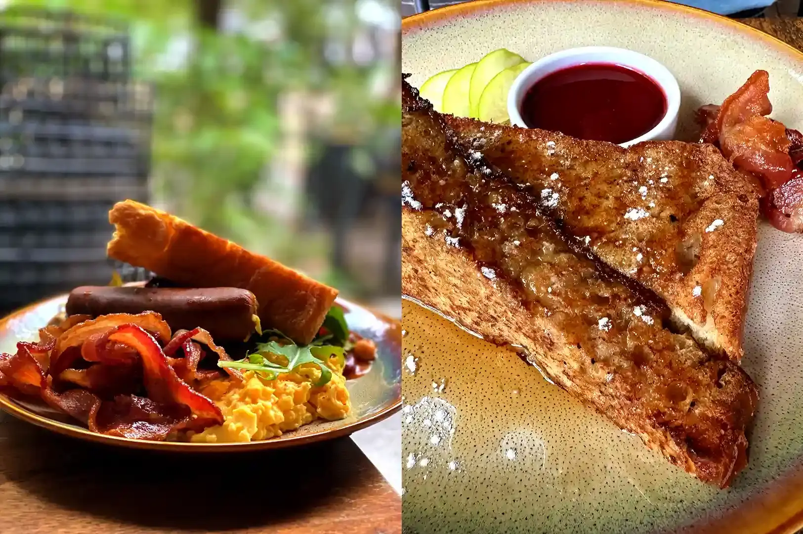 A split image showing Brekkie of champions left and sweet Toby's french toast with berry compote on the right.