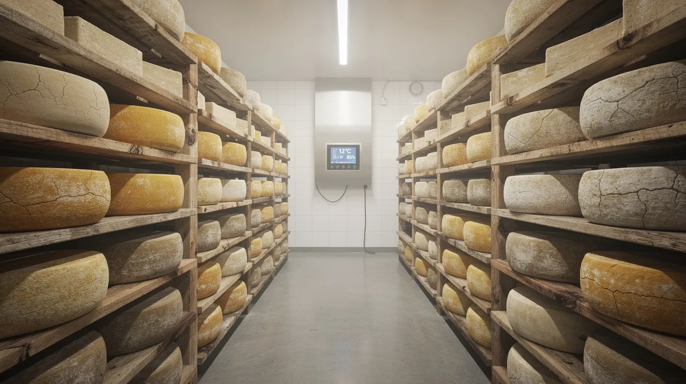 Inside a climate-controlled maturation room, large wheels and blocks of cheddar cheese are aging on wooden shelves, showcasing the cheese production process in a cheese manufacturing plant. The carefully maintained environment is essential for developing the flavor and quality standards of the final product.