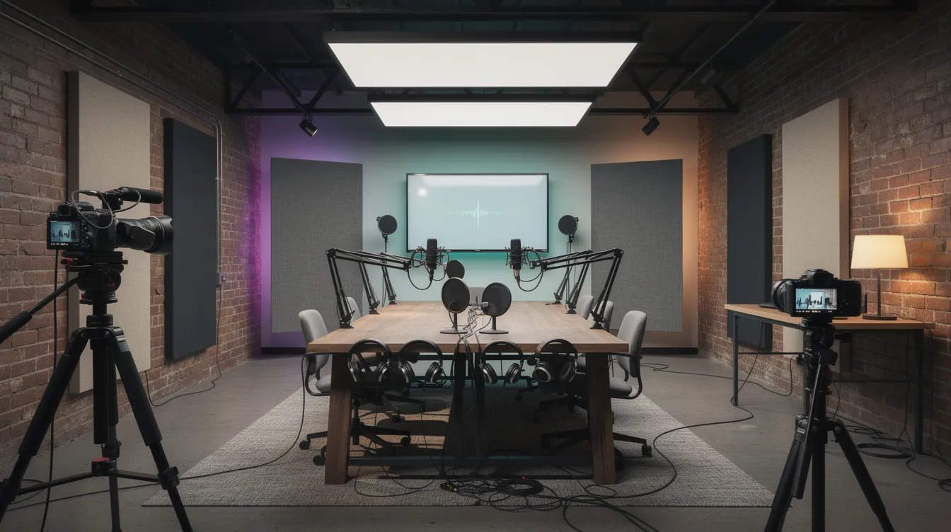 The image depicts a modern podcast studio in Atlanta, featuring multiple high-quality microphones and cameras set up for professional audio and video recording. Soft lighting enhances the creative atmosphere, making it an ideal space for producing crystal clear episodes and engaging conversations. The image depicts a modern podcast studio in Atlanta, featuring multiple high-quality microphones and cameras set up for professional audio and video recording. Soft lighting enhances the creative atmosphere, making it an ideal space for producing crystal clear episodes and engaging conversations.
