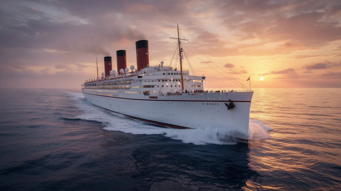 Das Bild zeigt einen majestätischen Ozeandampfer, der auf dem offenen Meer bei Sonnenuntergang fährt. Die warmen Farben des Himmels reflektieren sich im Wasser, während der Dampfer elegant durch die Wellen gleitet, was an die luxuriösen Reisen erinnert, die auch Hollywoodstars wie Leonardo DiCaprio genießen könnten.