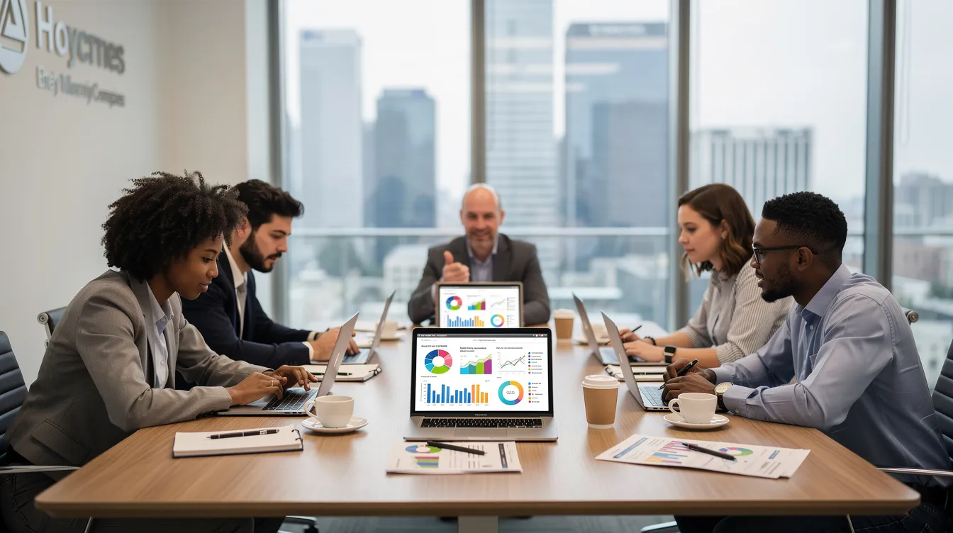A marketing team is gathered around a table, intently reviewing campaign analytics displayed on their laptop screens, analyzing key metrics to enhance their marketing strategy and drive traffic to effective landing pages. The atmosphere is collaborative, reflecting their efforts to create successful landing pages that capture leads and increase conversion rates.