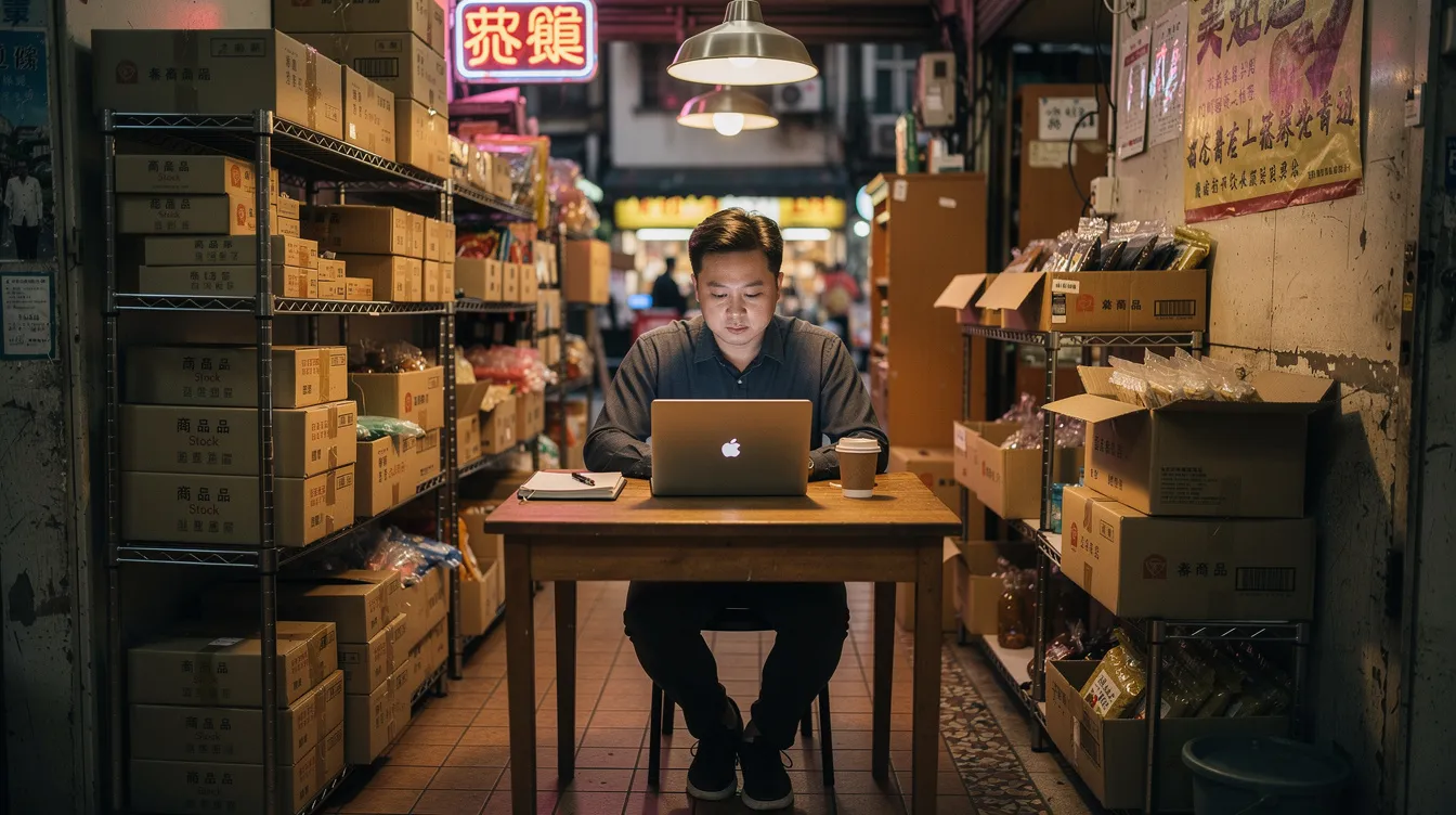 A small business owner is focused on their laptop in a cozy shop in Hong Kong, surrounded by inventory boxes, showcasing a vibrant entrepreneurial spirit. The scene reflects the hustle of managing a business, possibly exploring options for 小額 貸款 and other financial products to support their operations.