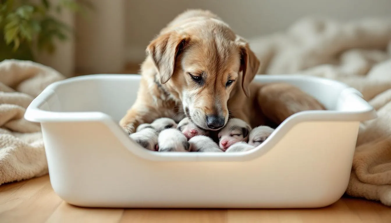A mother dog is gently nursing her newborn puppies in a clean whelping box, showcasing the bond between them. The image highlights the importance of healthy mammary glands in female dogs for providing essential milk to their puppies.