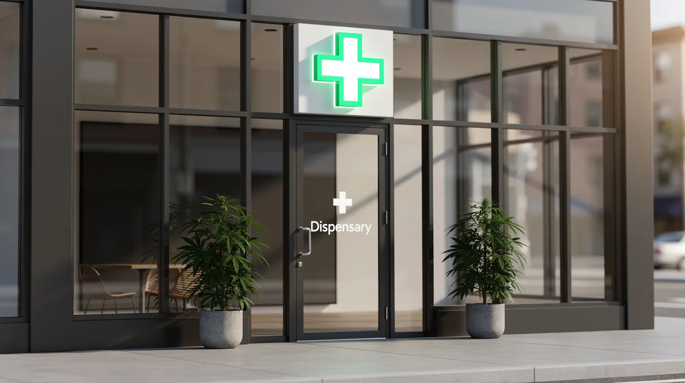 The image shows the front entrance of a modern cannabis dispensary, featuring a prominent green cross sign that symbolizes cannabis-related services. This establishment adheres to Michigan's hemp laws and is likely involved in the sale of hemp-derived compounds, including delta 8 THC, under proper licensing from the state's marijuana regulatory agency.