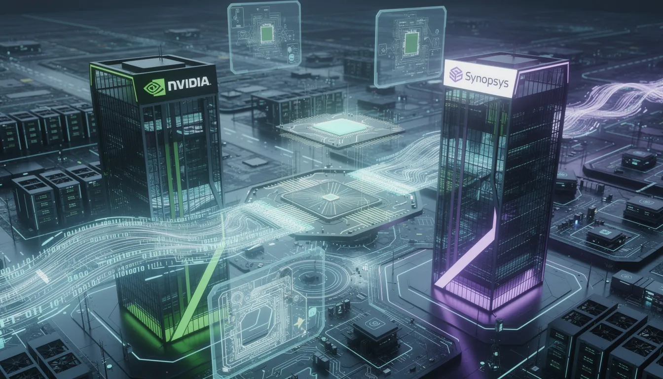 The image depicts Nvidia CEO Jensen Huang and Synopsys representatives announcing their strategic partnership, which aims to revolutionize chip design and electronic design automation (EDA) in the semiconductor industry. This collaboration is set to enhance accelerated computing capabilities and streamline the chip design process through advanced simulation tools and technologies.