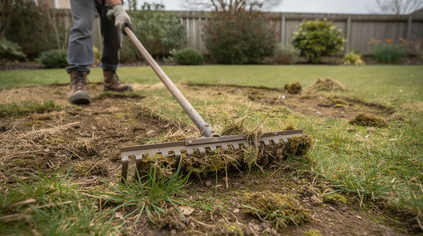 A gardener is using a rake to remove moss and thatch from a patchy lawn, preparing the soil surface for lawn renovation. The area shows bare patches where the existing grass has struggled, indicating a need for new grass seed to promote healthy growth.