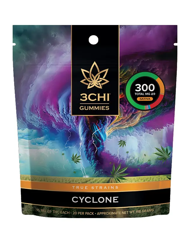 3CHI's Cyclone True Strains gummies contain HHC as well as Delta 8, Delta 9, and a list of different cannabinoids.