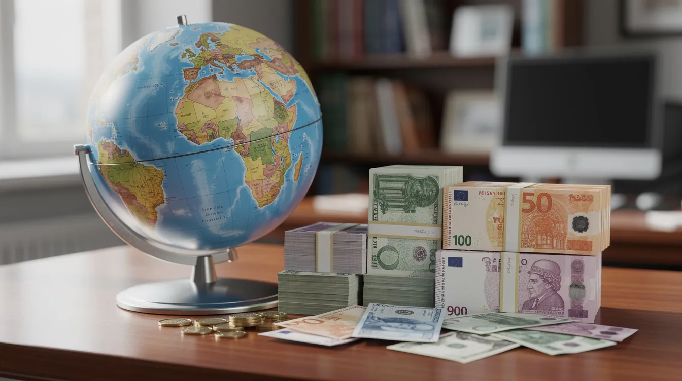 The image depicts a globe resting on a desk, accompanied by stacks of various international currencies, symbolizing global financial transactions and international wire transfers. This setup highlights the interconnectedness of financial institutions around the world, including aspects like online banking and direct deposits.