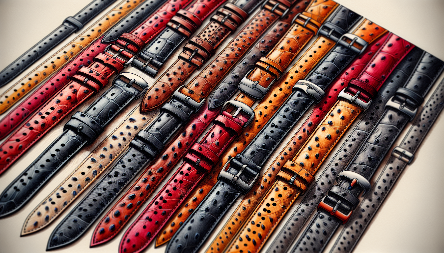 Variety of ostrich leather watch straps in different colors