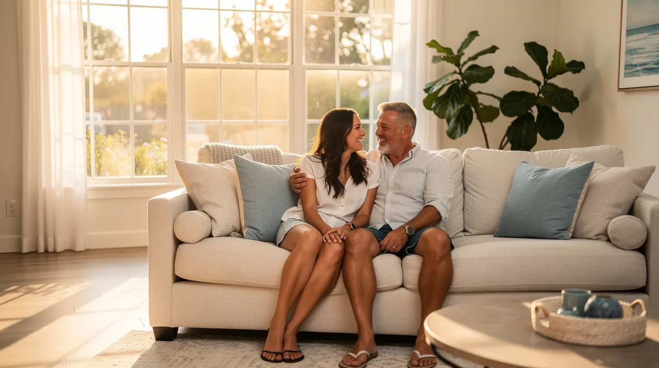 Una pareja disfruta de la comodidad de su hogar en el sur de California, rodeada de una decoración cálida que refleja el vibrante estilo de vida de Los Ángeles. Esta escena captura la esencia de los propietarios angelinos que disfrutan de su espacio, resaltando el atractivo del mercado inmobiliario local.