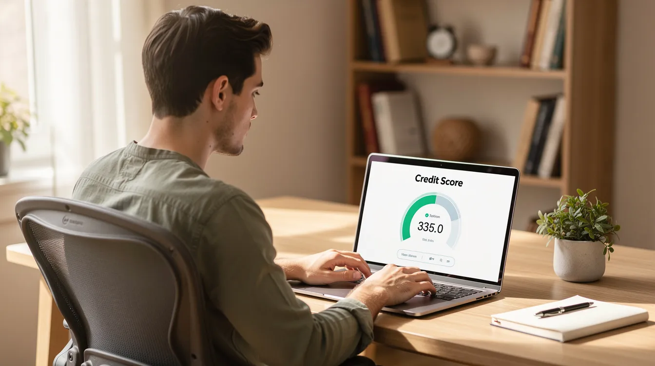 477fea0e c291 4aa2 9f54 7cf0016d8c87 The image depicts a person sitting at a desk in a home office, intently checking their credit score on a laptop. This scene highlights the importance of a satisfactory credit track record for individuals seeking financial assistance, such as business loans from banks or financial institutions under schemes like the Pradhan Mantri Mudra Yojana.