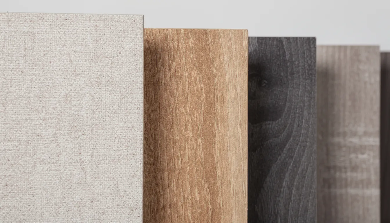 Close-up van verschillende wandpaneelmaterialen, waaronder houten wandpanelen, zachte stoffen en PVC, in diverse kleuren en diktes. Deze akoestische panelen zijn ideaal voor het creëren van een rustgevende sfeer in de woonkamer en dempen geluid, terwijl ze een stijlvolle uitstraling aan de muur geven.