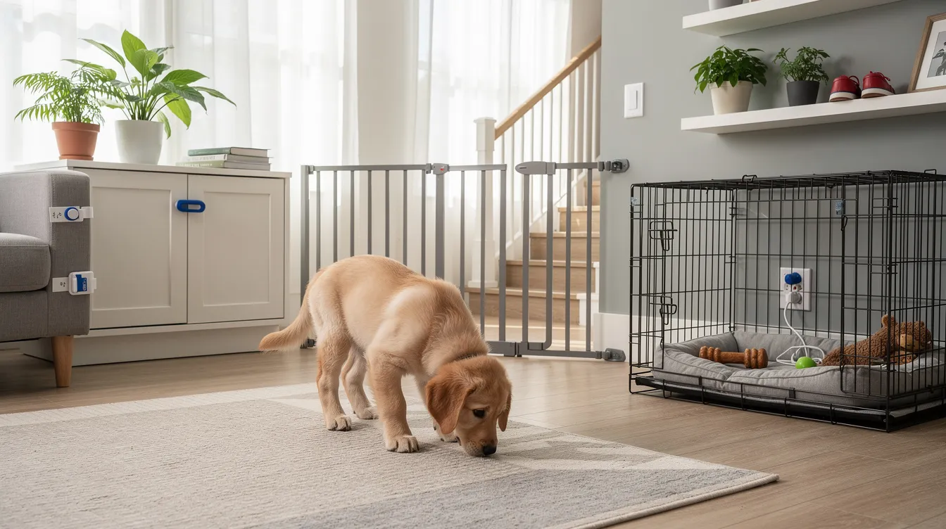 The image depicts a cozy living room designed for a new puppy, featuring chew toys scattered on the floor, baby gates at the entrance, and furniture arranged to create a safe space. It highlights the importance of puppy proofing your home by showing potential hazards like electrical cords and cleaning supplies out of reach, ensuring a secure environment for your curious furry family member.