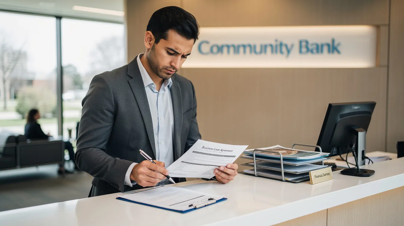 47824c60 6a57 432d b80d b8062dc6effe A small business owner is seated at a bank counter, reviewing various loan documents related to their application for financial assistance under the Pradhan Mantri Mudra Yojana. The documents include details about cash flow, eligibility criteria, and the loan amount needed for their micro enterprise.