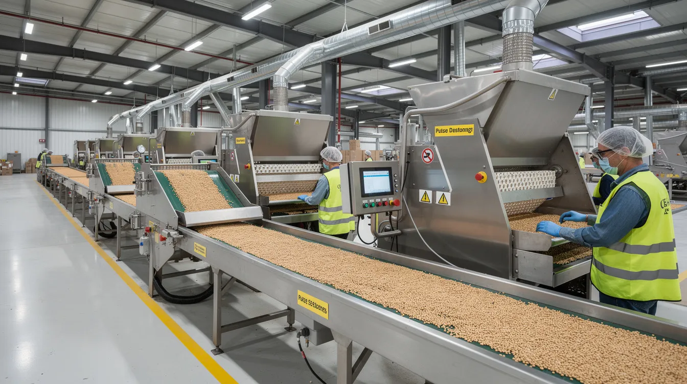 47827158 8945 4e30 9645 370c1eedae63 The image shows workers operating pulse destoning and grading equipment within a large industrial processing hall, featuring conveyor systems that enhance productivity in the pulses processing plant. This environment is crucial for ensuring the cleaning and grading of edible seeds like pigeon peas, adhering to industry standards for food processing.