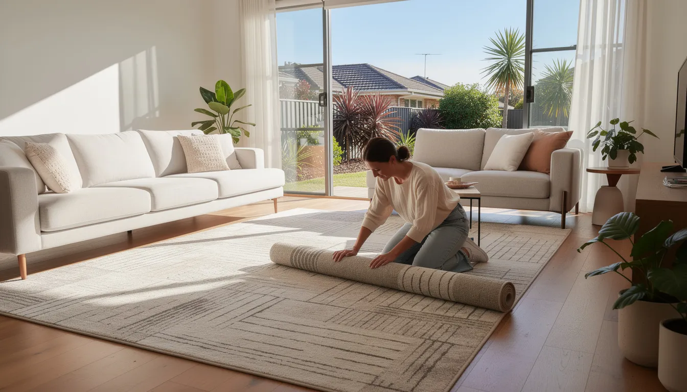 A person is unrolling a new modern rug in a bright Australian living room, showcasing its soft texture and beautiful design that adds warmth and comfort to the space. The rug serves as a key element in the room's decor, enhancing the overall aesthetic and inviting atmosphere.