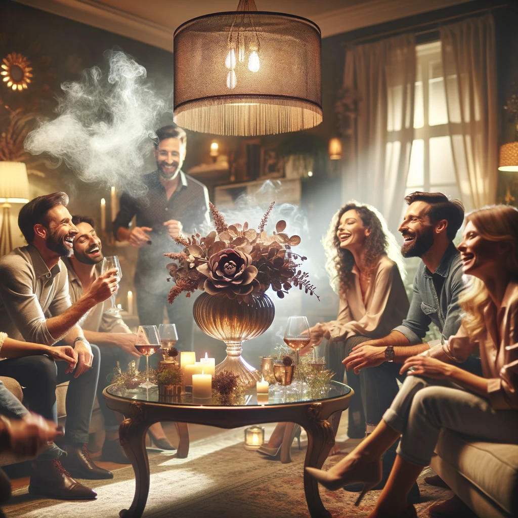 a joyful gathering around an exquisite centerpiece, with the cozy and welcoming atmosphere enhanced by wisps of smoke in the air.