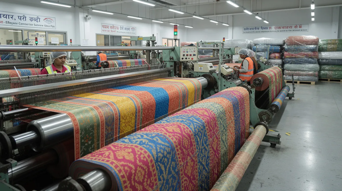 47876827 f7ed 433f 9ab2 6e288ef17318 The image depicts vibrant textile fabrics arranged on looms within a modern Indian factory, showcasing the textile manufacturing industry. This setting highlights the potential for profitable business ideas in Gujarat, particularly in textile production, which has a steady market demand.