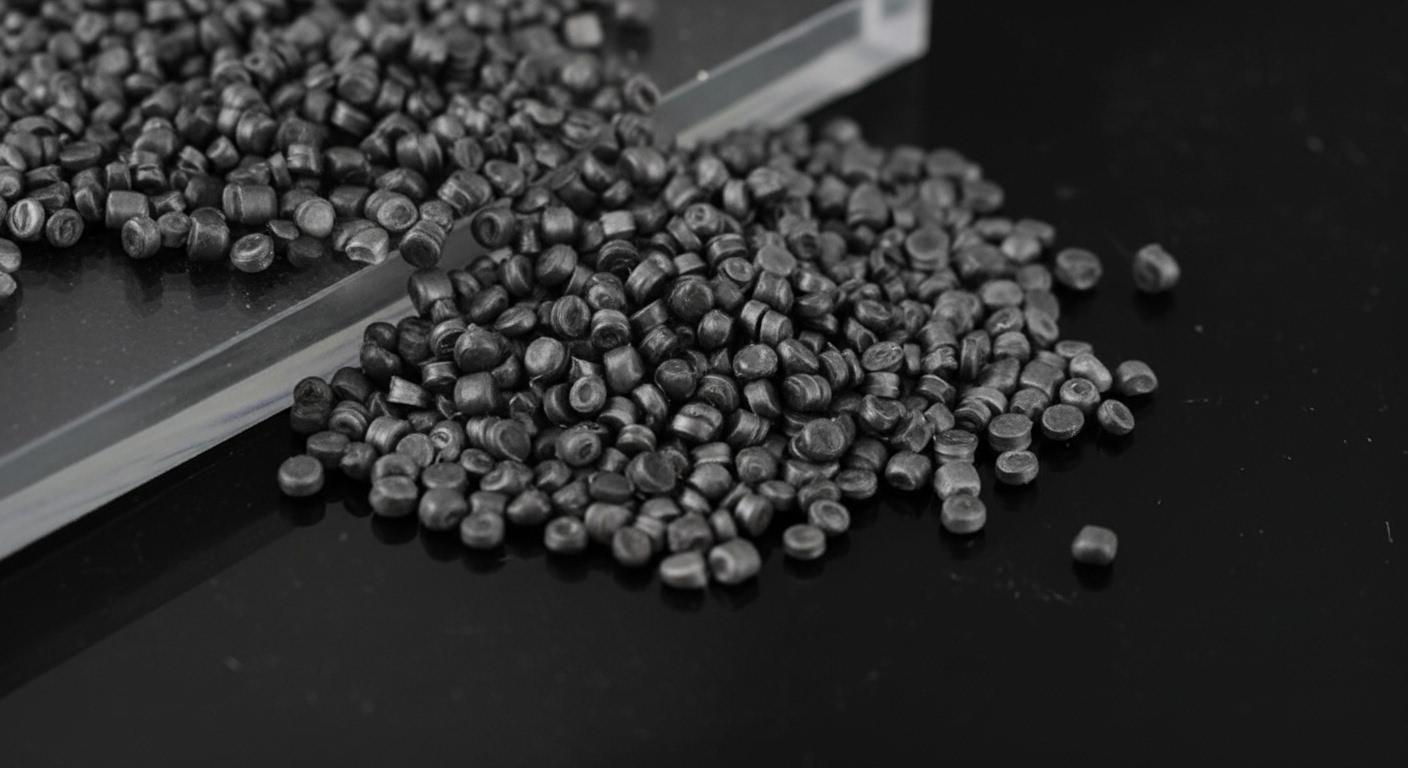 Na metalowej powierzchni w zakładzie przetwórczym znajduje się wysypany granulat polipropylenu w różnych kolorach, który dzięki swoim unikalnym właściwościom znajduje szerokie zastosowanie w produkcji wyrobów z tworzyw sztucznych. Granulat charakteryzuje się wysoką wytrzymałością mechaniczną oraz dobrą odpornością chemiczną.