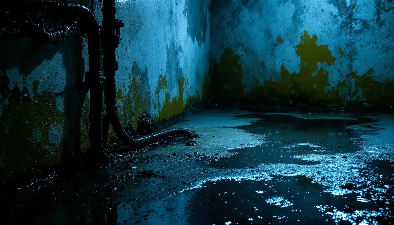 A dark, hidden corner in a basement with potential mold growth due to lack of light.