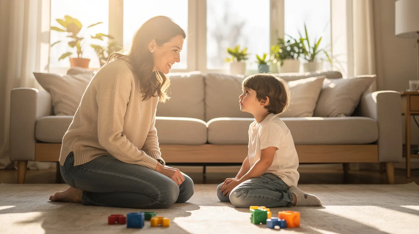 A parent kneels down to speak with a young child in a bright living room, creating eye contact and using a calm voice to give effective instructions. This interaction helps the child focus and understand the directions being communicated, which is essential for their learning and success.