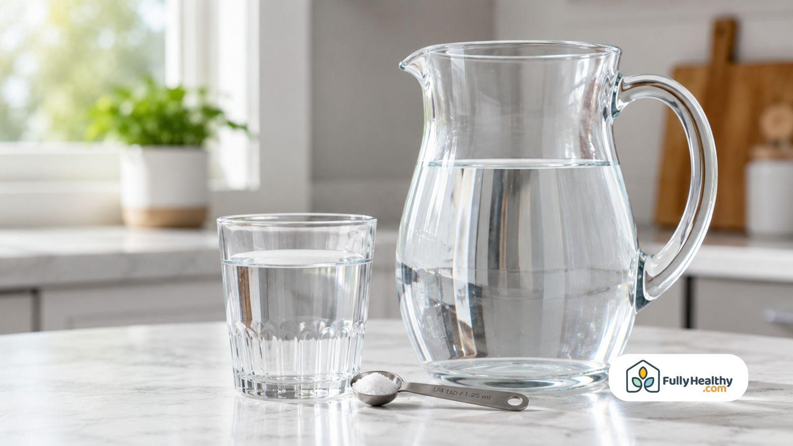 Glass of water beside pitcher and measured salt on kitchen countertop
