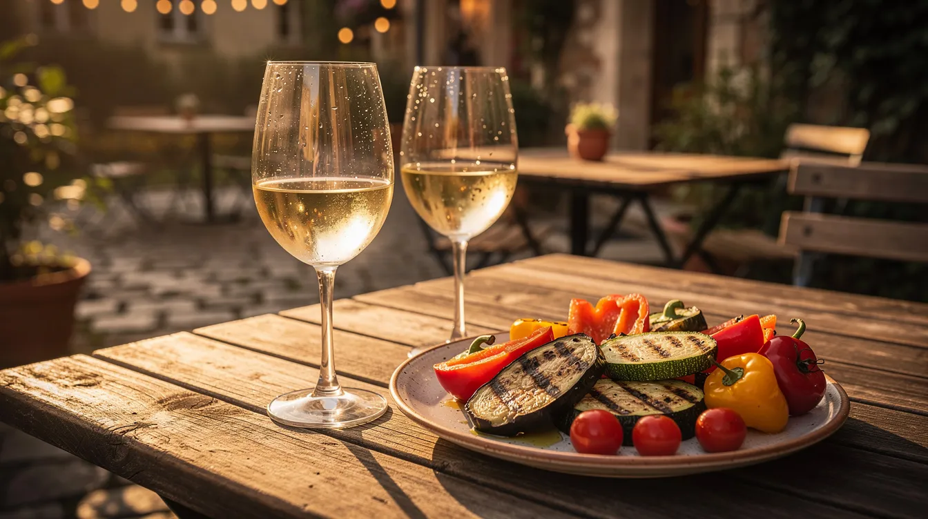 An outdoor table at a cozy wine bar features two glasses of refreshing white wine, alongside a plate of grilled vegetables, all bathed in warm evening light. This inviting setting is perfect for enjoying delicious small plates while savoring the vibrant flavors of Mexican cuisine.