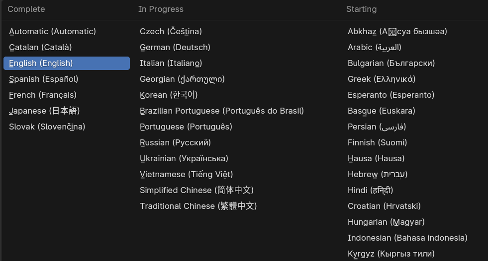 Languages available in full, part and little bit