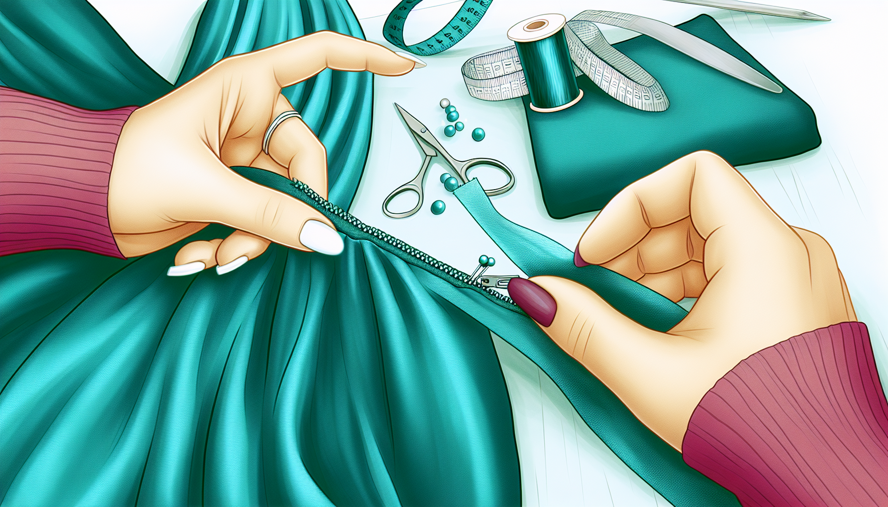 Hands pinning an invisible zipper on a garment