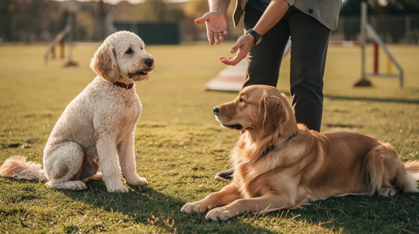 The image depicts a Goldendoodle and a Golden Retriever standing side by side in a natural setting, showcasing their physical characteristics, such as the Goldendoodle's curly, low-shedding coat and the Golden Retriever's iconic golden double coat. Both breeds exhibit friendly and affectionate expressions, highlighting their reputation as wonderful family pets and service dogs.