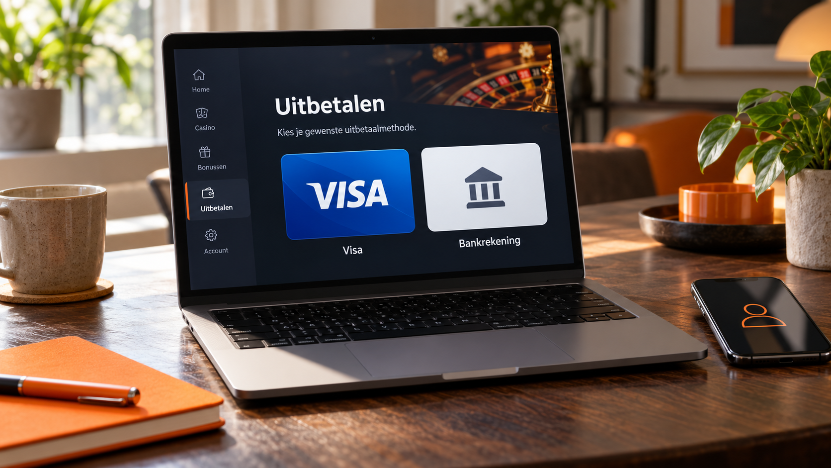 Laptop toont Visa en bankoverschrijving als opties voor een casino-uitbetaling.