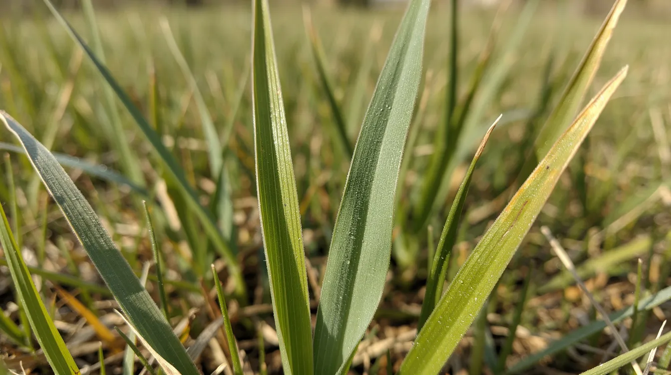 A close-up photograph showcases various grass blade types growing side by side, highlighting their differences in texture and color, including smooth stalked meadow grass and finer grasses. This image illustrates the diversity of grass species, ideal for ornamental lawns and traditional lawns, set against a backdrop of lush green ground.