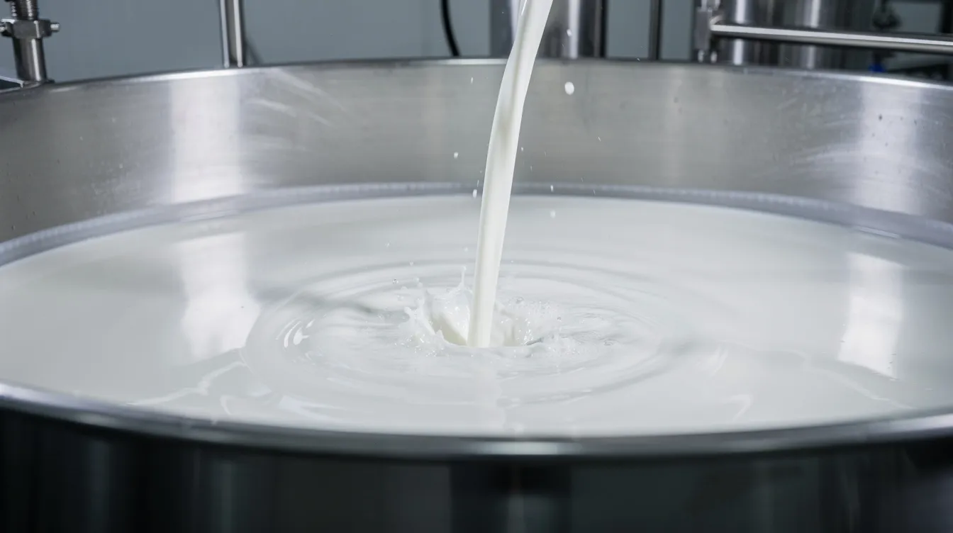 479478c0 b2ea 4da0 a95c b9a512bee89f A close-up view captures milk being poured into large stainless steel processing vats at a dairy beverage plant, highlighting the manufacturing process essential for producing dairy-based beverages. This image emphasizes the importance of quality control systems and regulatory compliance in ensuring safe and nutritious products for consumers.