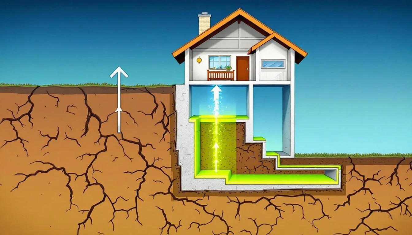 Une vue en coupe d'une maison montre comment le radon, un gaz nocif, s'infiltre depuis le sol vers l'intérieur, soulignant l'importance de la mesure du radon dans les habitations pour la santé des habitants, notamment au Québec. Cette illustration met en lumière les risques potentiels de concentrations élevées de radon, qui peuvent contribuer au développement du cancer du poumon.