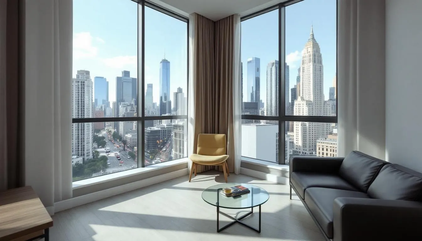 The image depicts a modern apartment interior with large windows that showcase a stunning view of Mexico City's skyline, highlighting the vibrant urban landscape. This stylish living space reflects the rich cultural heritage of Mexico, making it an appealing choice for American expats and residents alike.