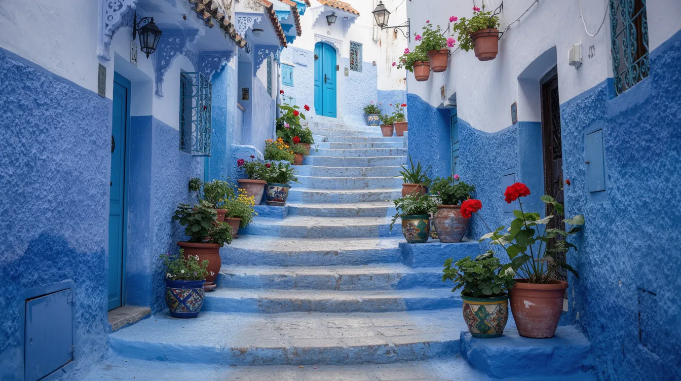 The image showcases the charming blue-painted streets of Chefchaouen, adorned with vibrant potted plants and a narrow stairway leading up through the medina. This picturesque scene captures the essence of Morocco's blue city, inviting visitors to explore its beauty, making it an ideal stop for those looking to rent a car in Tangier for a memorable adventure.