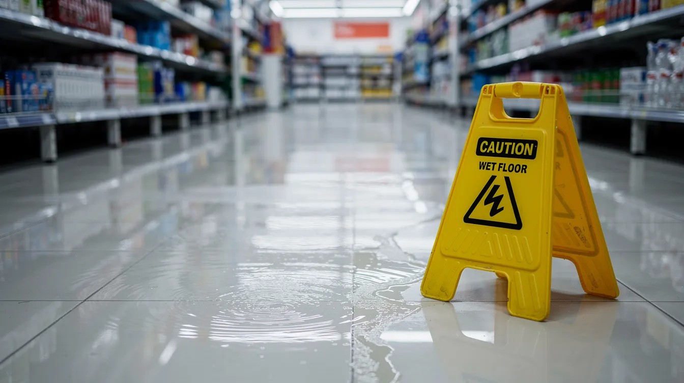 The image depicts a wet floor inside a retail store, illuminated by bright overhead fluorescent lighting, which poses a slip and fall hazard for customers. Such incidents can lead to serious personal injuries, prompting victims to seek legal assistance from experienced personal injury attorneys in the Colorado Springs area.