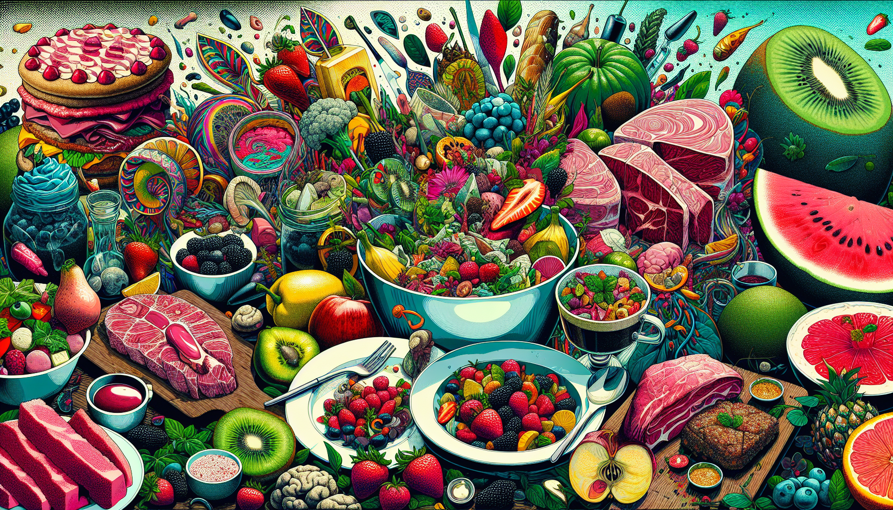 Illustration of a diverse range of food items including fruits and salads