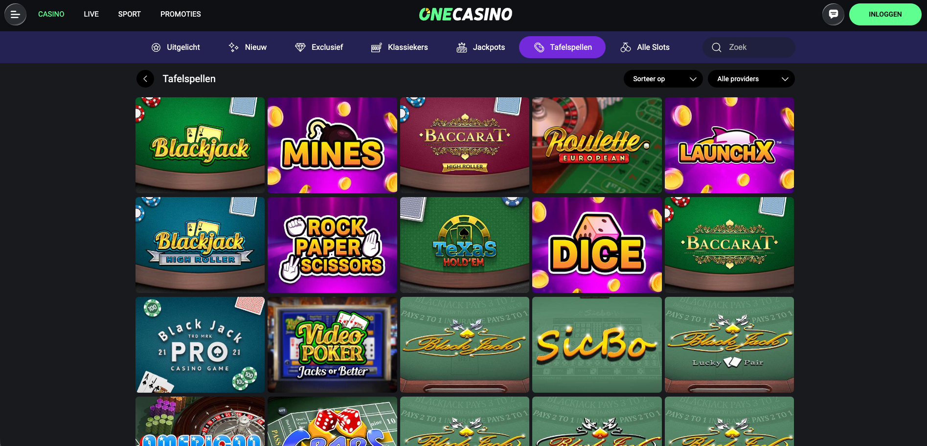 Overzicht van de tafelspellen op OneCasino, met casinospellen zoals Blackjack, Baccarat, Europese Roulette, Texas Hold’em, Dice, Sic Bo en Video Poker, weergegeven in de categorie “Tafelspellen”.