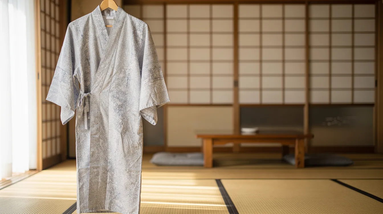 A cotton yukata is elegantly displayed on a wooden hanger in a traditional Japanese ryokan room, characterized by sliding paper doors. The garment, often worn by women during spring festivals, features a delicate design that reflects Japanese culture and fashion.